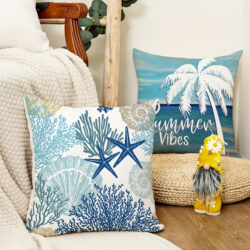 Ocean Beach Pillow Covers 4-Piece Set 18 Inch – Coastal Marine Life Shells Starfish Seahorse Turtle Decorative Pillowcases, Summer Beach Outdoor Cushion Covers for Home Decor