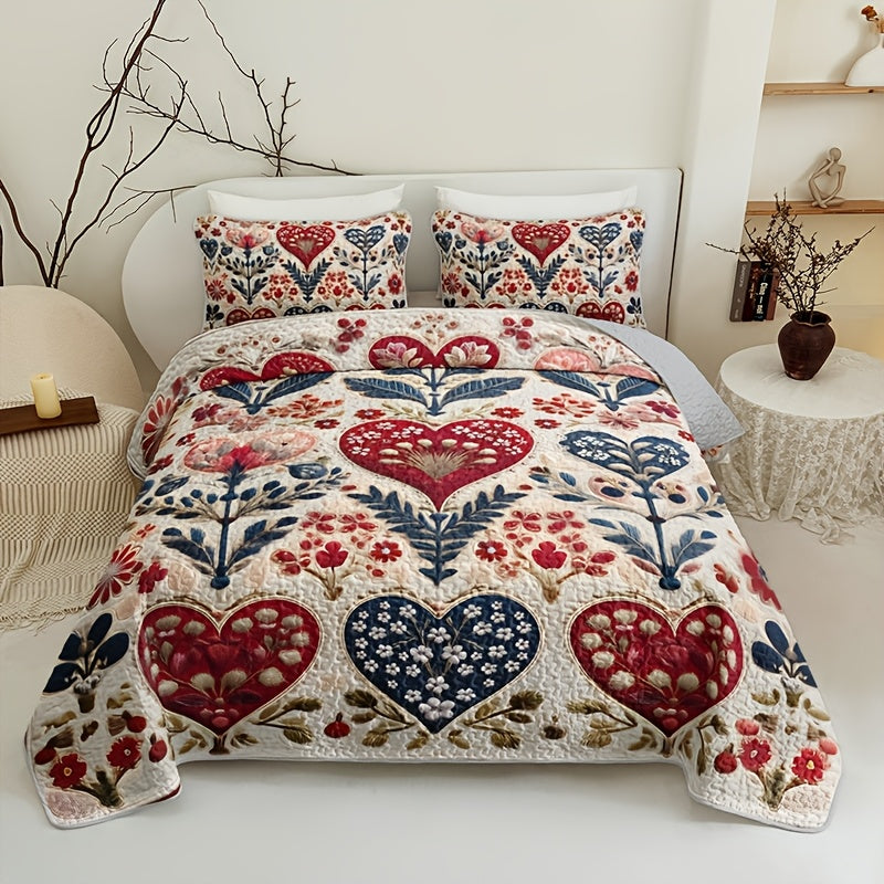 Floral Quilt Set 2 or 3 Piece – Colorful Flowers & Plants Quilted Bedspread with Pillowcases, Soft Breathable Hypoallergenic Machine Washable Bed Cover Twin Queen King
