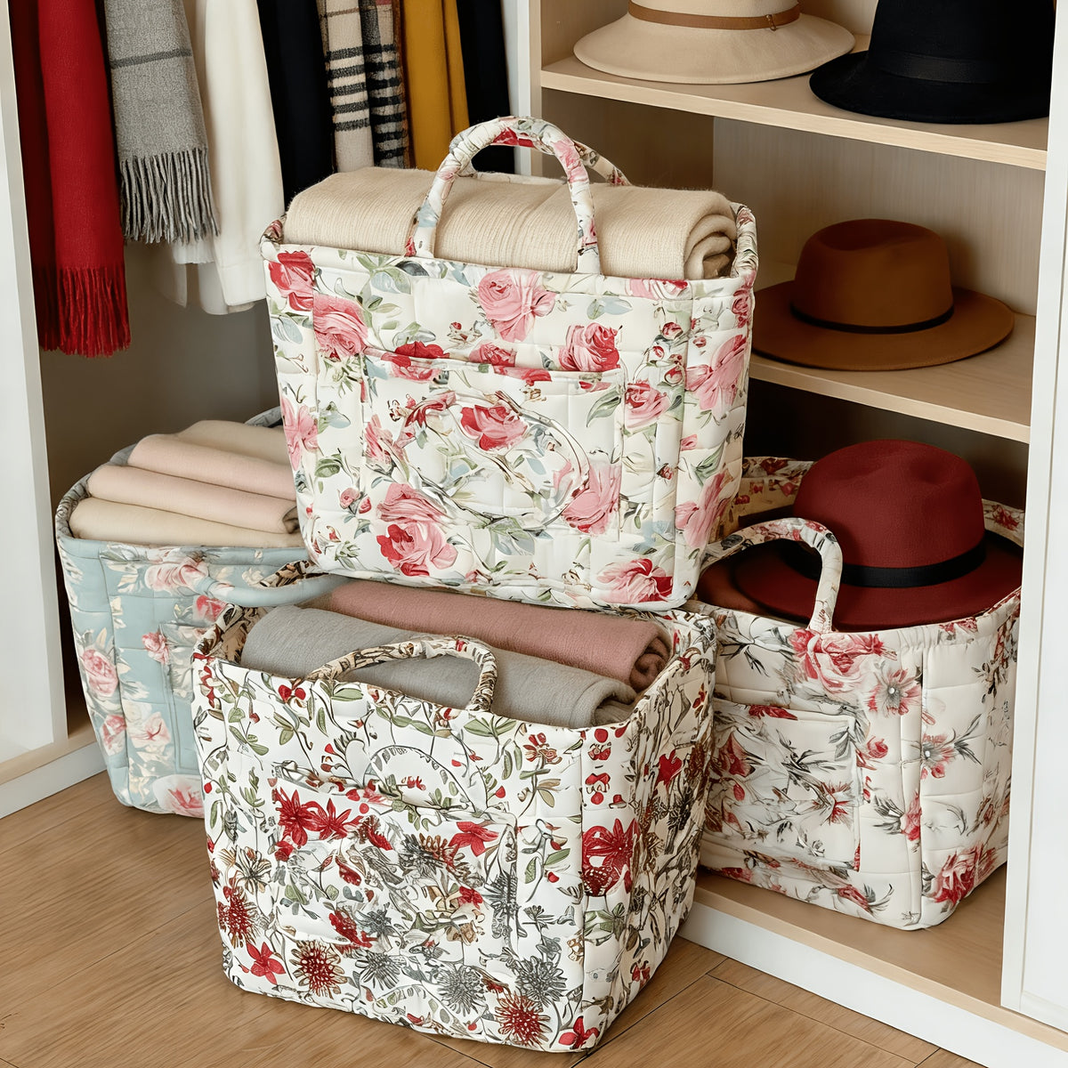 Large Floral Quilted Storage Basket – Vintage Portable Large-Capacity Shelf Basket for Home, 5 Floral Designs (Peony, Marigold, Strawberry)