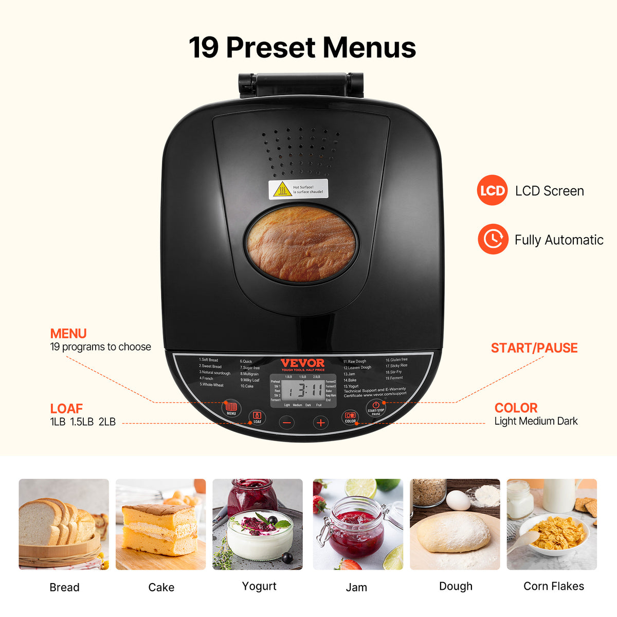 Bread Maker Machine 19-in-1 with Ceramic Non-Stick Pan, 15-Hour Timer, 3 Crust Colors, Auto Keep-Warm – Up to 2 LB Loaf