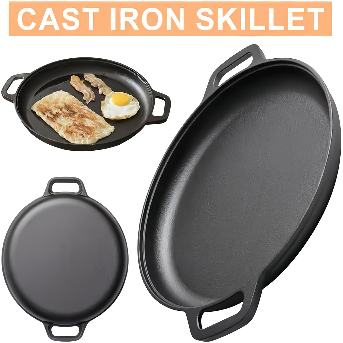 Pre-Seasoned Cast Iron Skillet 14 Inch Dual Loop Handles Nonstick Pizza Pan BBQ Pancake Griddle Oven Stovetop Grill Campfire Safe Even Heating