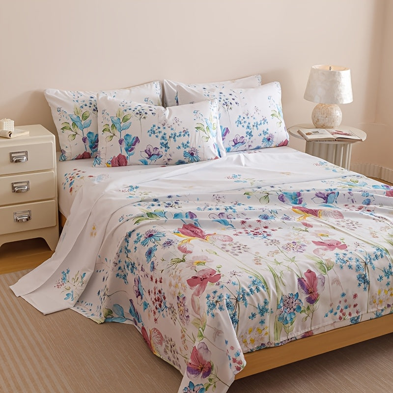 Floral Sheet Set 4 Piece – Fresh Natural Flower Plant Print Fitted Sheet Flat Sheet 2 Pillowcases, Soft Breathable All-Season Bedding for Bedroom & Dorm