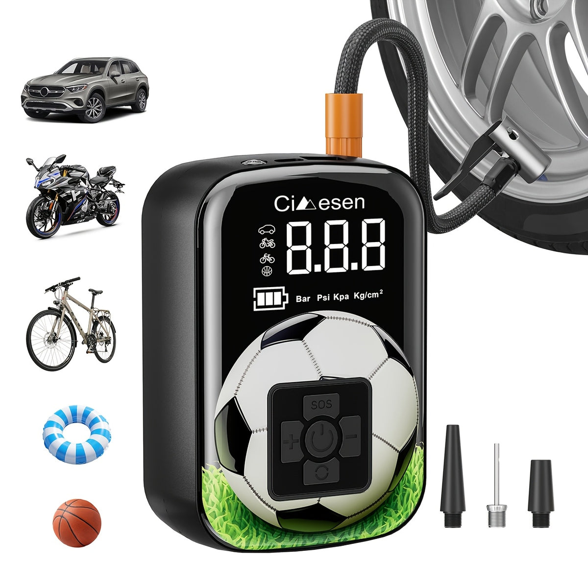 Portable Tire Inflator Cordless Air Compressor – 100W Digital Display, 4000mAh USB-C Fast Charge, 5 Modes, Multi-Nozzle, for Car Motorcycle Bicycle Tires & Sports Balls, 6 Colors