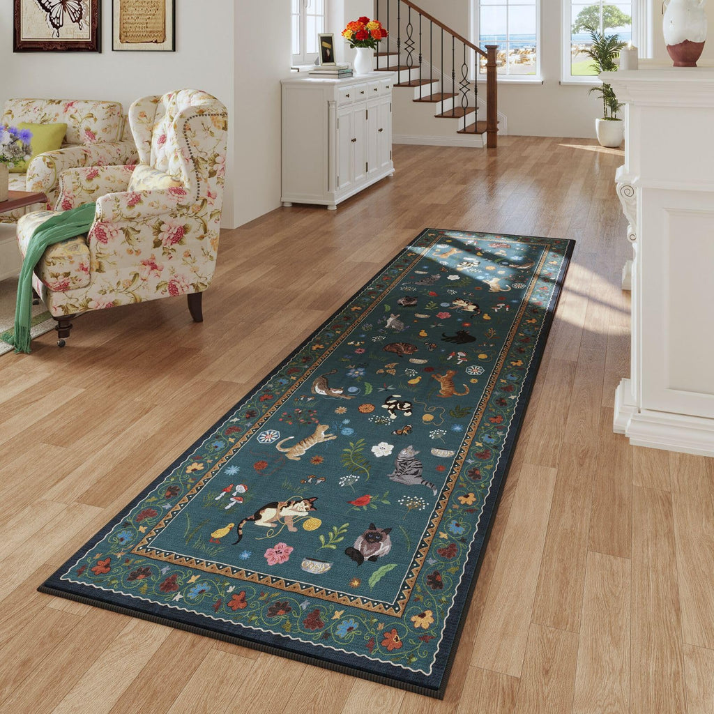 Boho Cat Print Area Rug Low Pile Non-Slip Floral Vintage Indoor Carpet for Living Room Bedroom Dining Room Runner Round Large