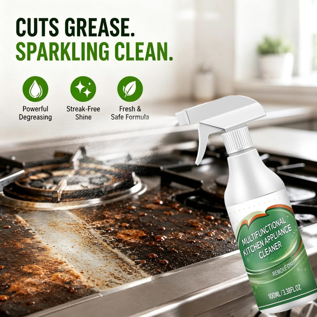 Kitchen Appliance Cleaner Spray 3.38 oz – Removes Grease & Grime, Restores Shine on Stainless Steel, Glass & Coated Panels, Safe for Cooktops, Ovens, Microwaves, Air Fryers & Fridges