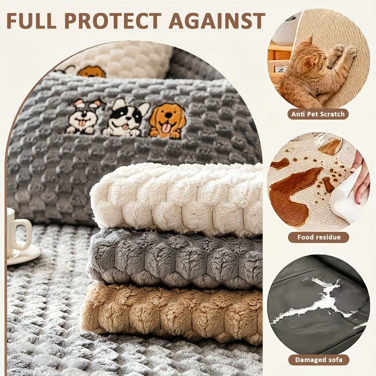Honeycomb Velvet Sofa Slipcover Pet-Friendly Non-Slip with Cute Dog Embroidery, Bohemian Style Machine Washable Polyester Couch Cover for Sofa Cushion Backrest Armrest – Single Piece Home Decor, Grey