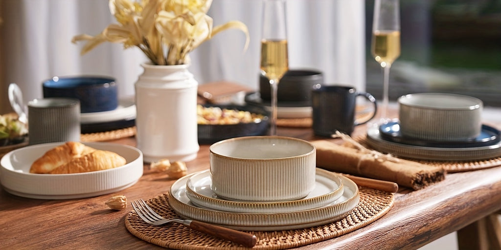 12-Piece Stoneware Dinnerware Set for 4 – Reactive Glaze Plates & Bowls, Lead-Free, Microwave & Dishwasher Safe, Raised Stripe Edge Design (Cappuccino White or Vanilla White)