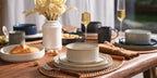 12-Piece Stoneware Dinnerware Set for 4 – Reactive Glaze Plates & Bowls, Lead-Free, Microwave & Dishwasher Safe, Raised Stripe Edge Design (Cappuccino White or Vanilla White)