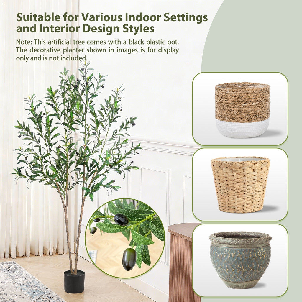 Tall Artificial Olive Tree 5/6/7FT Thick Trunk Indoor Faux Olive Plant with Lush Leaves & Berries for Living Room, Kitchen & Home Decor, Spring Summer Decoration