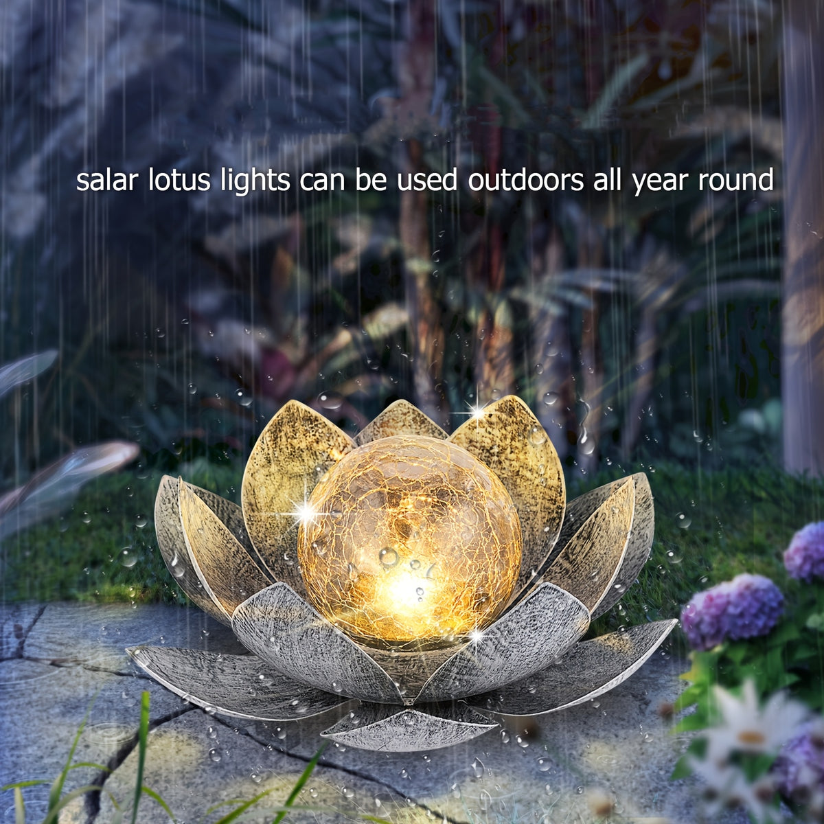 Solar Lotus Flower Garden Light with Cracked Glass Globe & LED Beads, Waterproof Outdoor Stake Light for Patio, Lawn, Steps & Yard, Auto Dusk-to-Dawn, Black White Solar Decorative Landscape Light