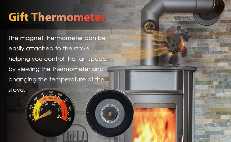 Wood Stove Fan Heat Powered Non-Electric Fireplace Fan for Wood Burning Stoves Pellet Stoves Log Burners with Thermometer – 4 to 7 Blade Options