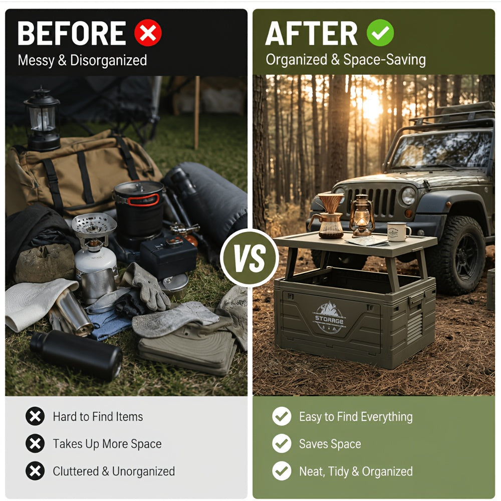 Folding Outdoor Storage Box Collapsible Waterproof Bin – Multifunctional Camping Container Doubles as Table & Seat, Portable Organizer for Picnic Road Trips Car Trunk Backyard