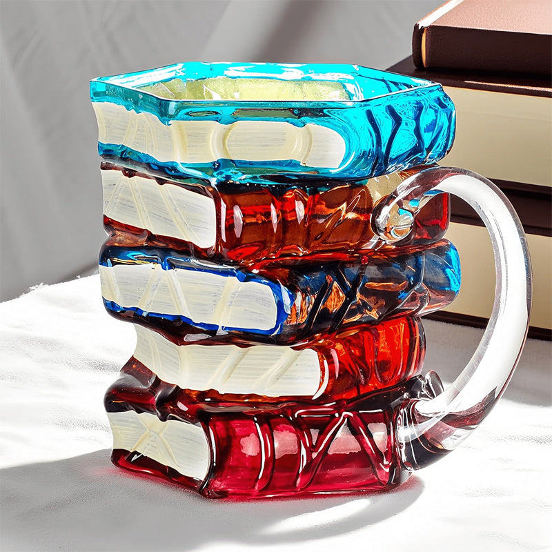 Hand-Painted Book Stack Coffee Mug Stained Glass Art 7oz 14oz Stackable Glass Cup - Novelty Gift for Book Lovers Librarians Women Book Club Literature Enthusiasts | Nuvia Haven