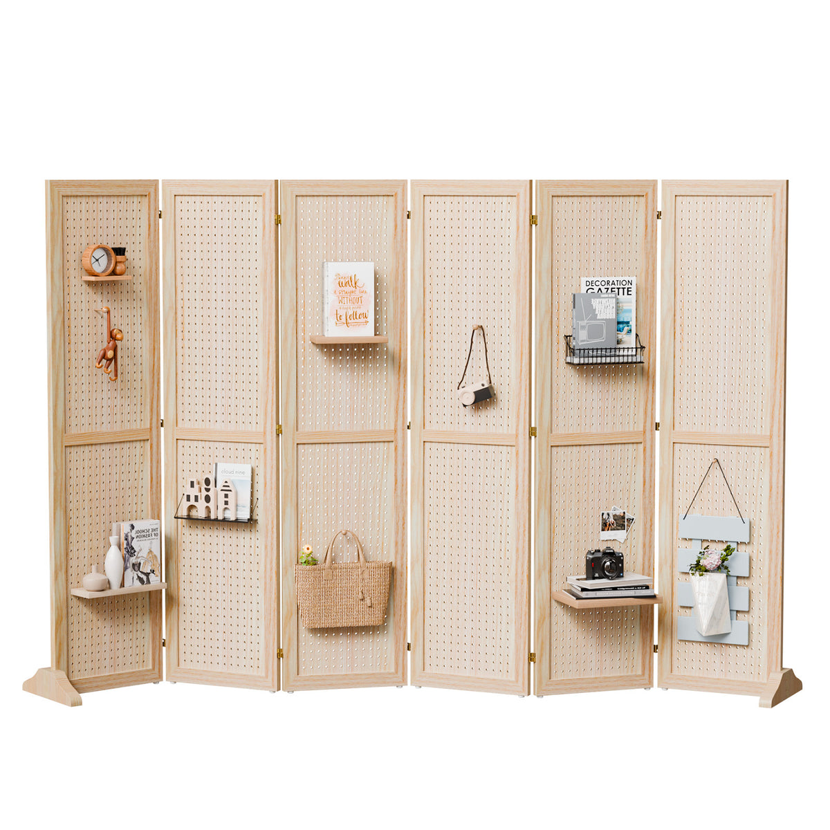 5 FT Freestanding Pegboard Room Divider | Wood Folding Privacy Screen & Display Board Organizer with Support Feet – White, Black, Natural, Grey | Craft Shows, Retail & Home