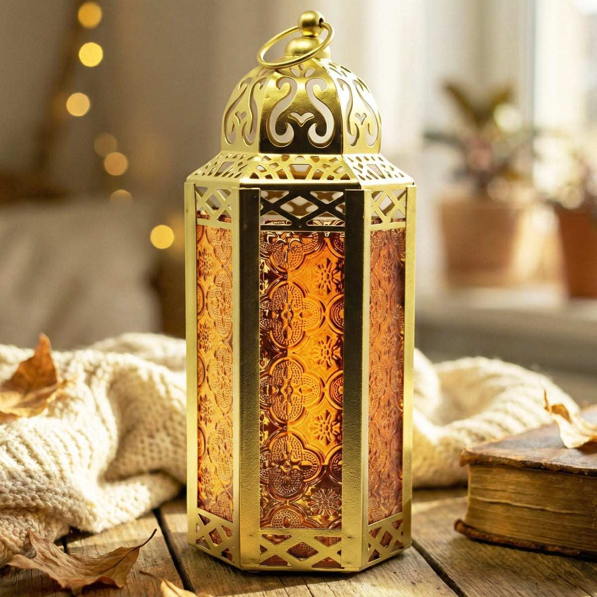 Moroccan Candle Lantern Holder Medium 10.5 Inch – Handcrafted Glass Iron Metal Lantern with Embossed Floral Panels, 17 Colors, Indoor Outdoor Use for Ramadan, Wedding, Patio, Diwali & Home Decor