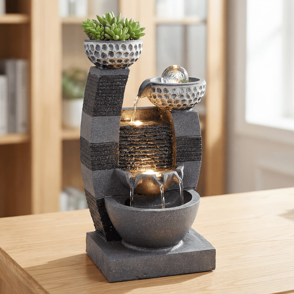 Indoor Tabletop Water Fountain with LED Lights & Crystal Ball – Tiered Bowls Cascading Water Feature with Flower Pot for Home Office Meditation Relaxation, Dark Gray, 7.9"L x 6.7"W x 15.8"H