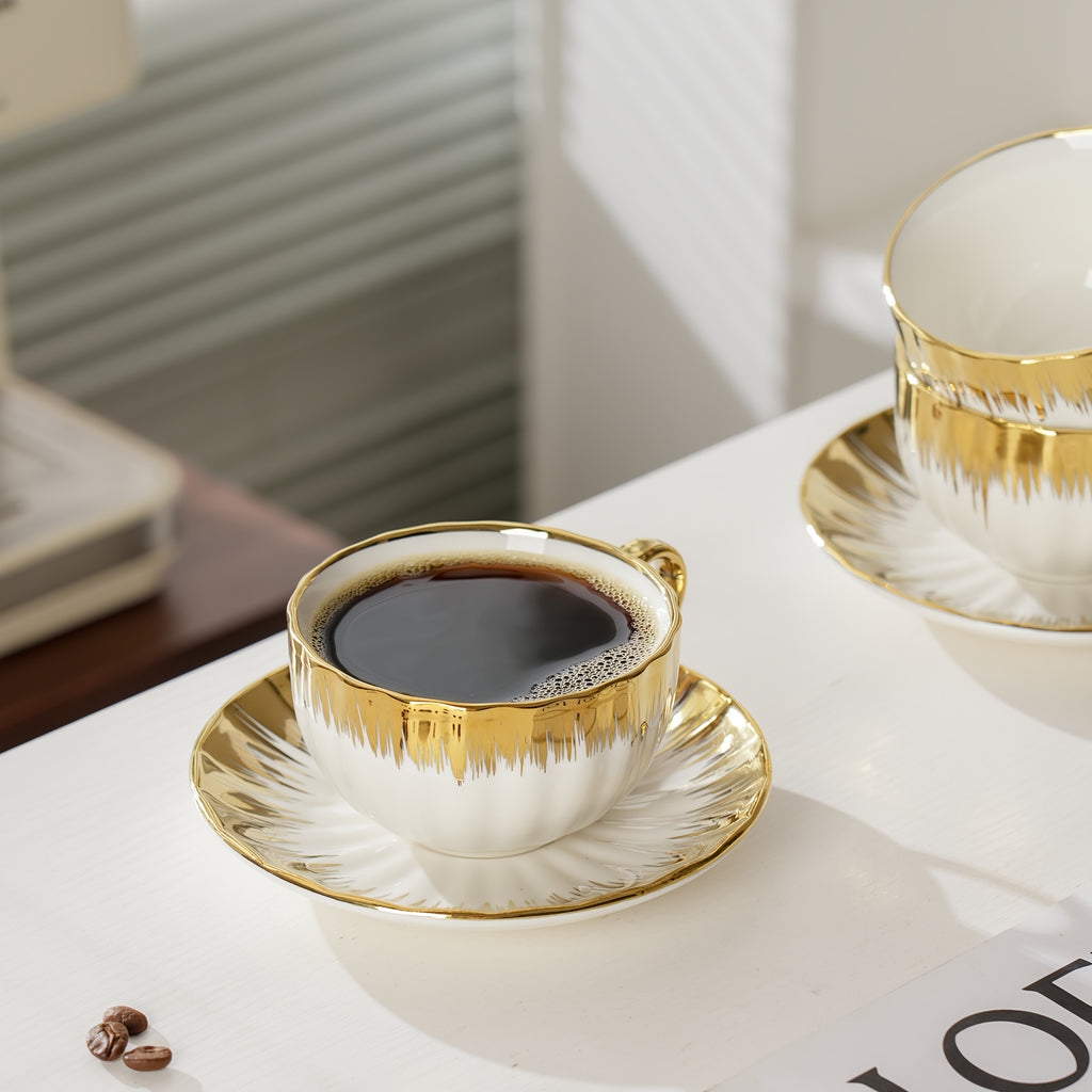 Ceramic Coffee Cup and Saucer Set of 6 – European Light Luxury 8.45oz Porcelain Tea Cups with Plates | Elegant Dinnerware for Home, Wedding & Holiday Gifting