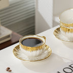 Ceramic Coffee Cup and Saucer Set of 6 – European Light Luxury 8.45oz Porcelain Tea Cups with Plates | Elegant Dinnerware for Home, Wedding & Holiday Gifting