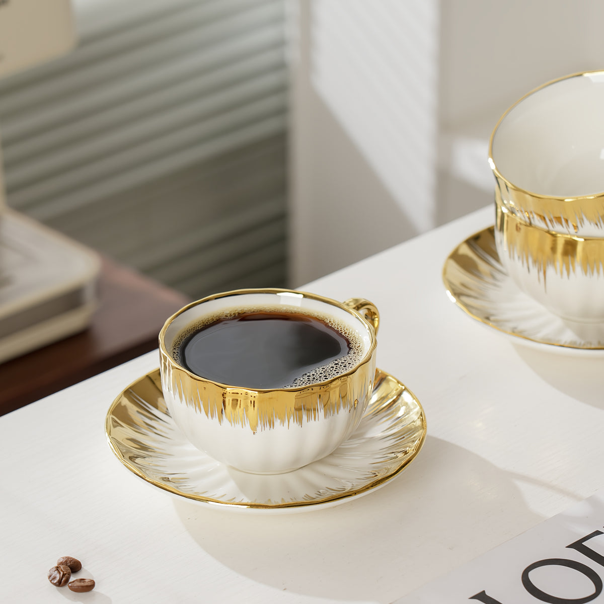 Ceramic Coffee Cup and Saucer Set of 6 – European Light Luxury 8.45oz Porcelain Tea Cups with Plates | Elegant Dinnerware for Home, Wedding & Holiday Gifting