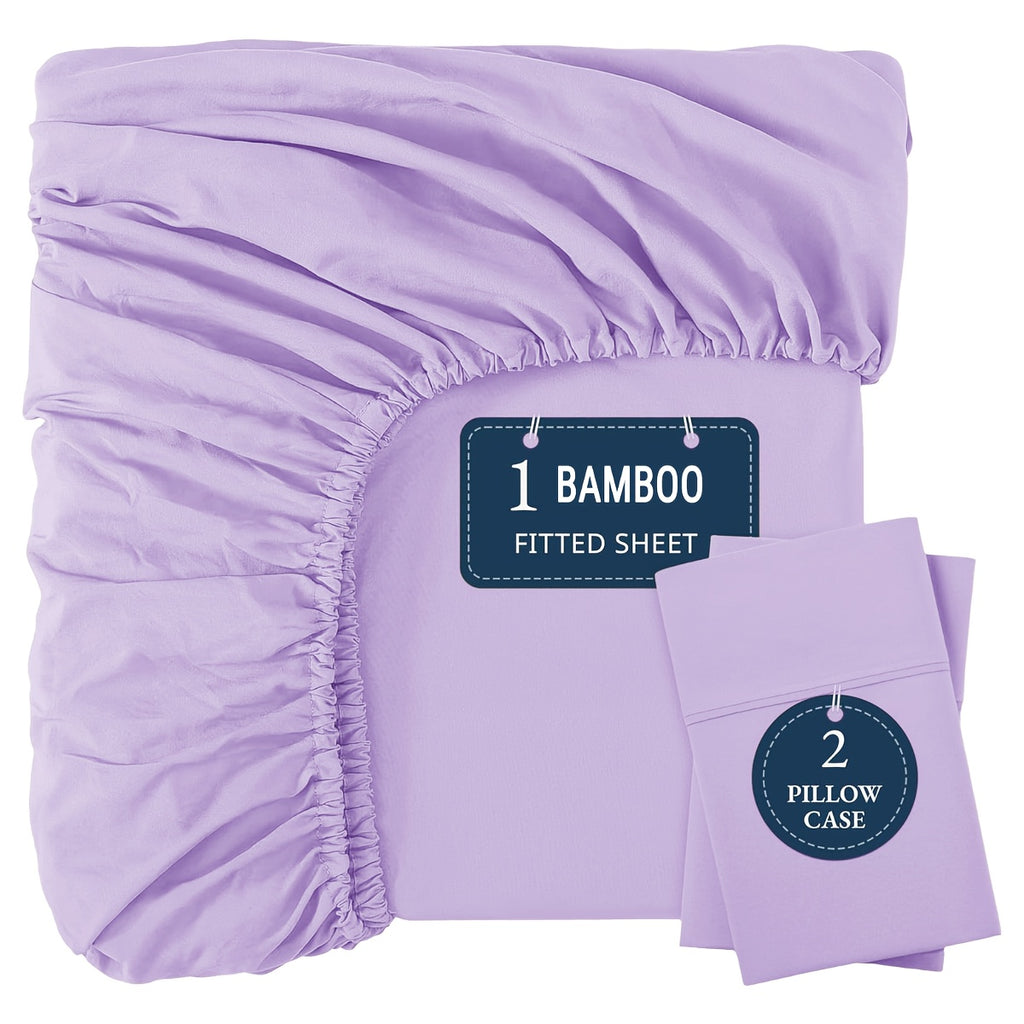 Bamboo Fitted Sheet Set 3pcs Cooling Breathable Soft Deep Pocket – 1 Fitted Sheet & 2 Pillowcases, Fits Mattress Up to 15", Twin Full Queen King, 12 Colors
