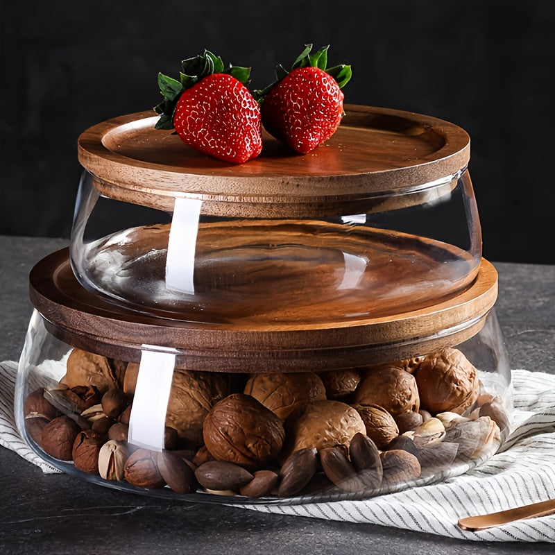 Glass Fruit Bowl with Wooden Lid - Stylish Serving Bowl for Nuts, Sweets, Candy & Cereals, Decorative Kitchen Organizer for Halloween, Christmas, Thanksgiving & Hanukkah, Available in Small, Large & Set