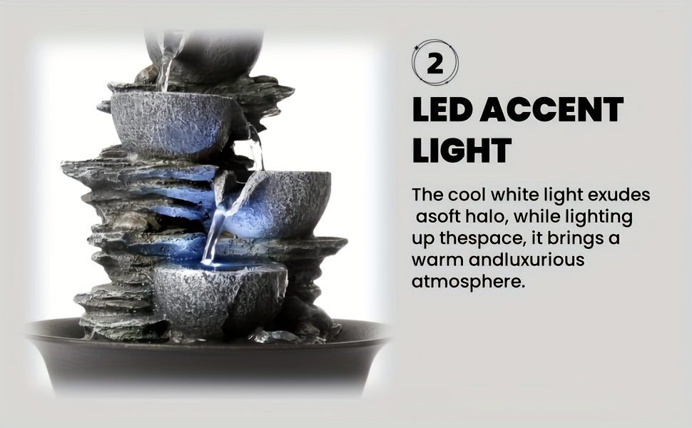 Tabletop Water Fountain Indoor Resin Waterfall with LED Light Realistic Rock Design Plug-In Soothing Ambiance for Bedroom Living Room Office Meditation Desk Decor