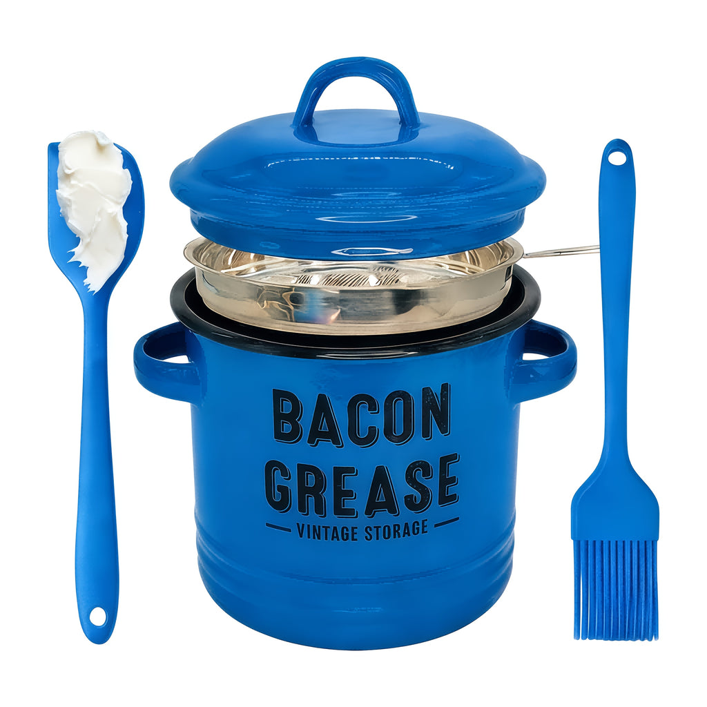 Enamel Cooking Grease Container with Fine-Mesh Strainer – Grease Saver & Oil Keeper with Spatula-Storing Handle, Farmhouse Kitchen Decor (Red or Blue)