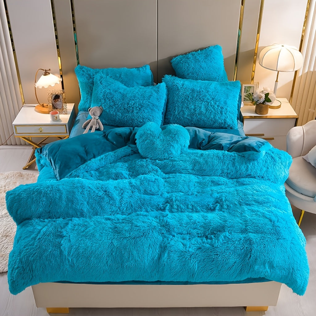 Velvet Duvet Cover Set Queen King Twin - Faux Down Flannel Bedding with Pillowcases & Bonus Heart Pillow, Zipper Closure Plush Thermal All-Season, 8 Colors 3/4-Piece