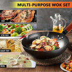 Cast Iron Wok Pan Set 14 Piece 12.6 Inch Flat Bottom with Lid & Accessories for All Stoves – Complete Asian Cookware Set for Stir Frying Camping & Family Cooking