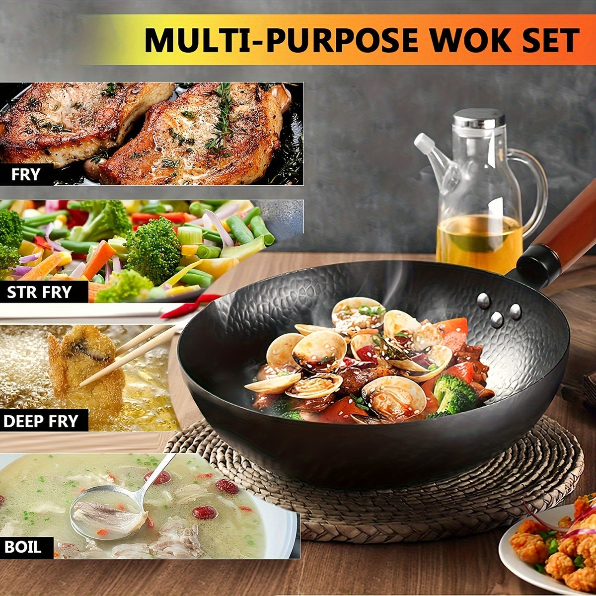 Cast Iron Wok Pan Set 14 Piece 12.6 Inch Flat Bottom with Lid & Accessories for All Stoves – Complete Asian Cookware Set for Stir Frying Camping & Family Cooking
