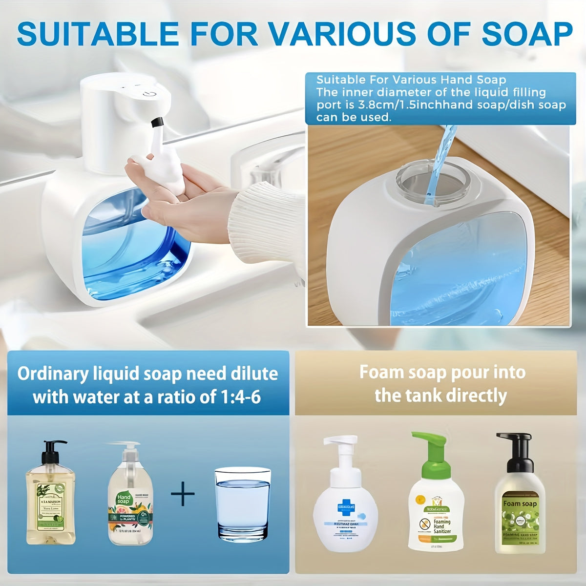 Automatic Foam Soap Dispenser Touchless USB Rechargeable - Wall-Mountable Hands-Free Soap Pump with Adjustable Foam Output for Bathroom, Kitchen & Pet Bathing, Works with Liquid Soap, Body Wash & Dish Detergent - White & Black