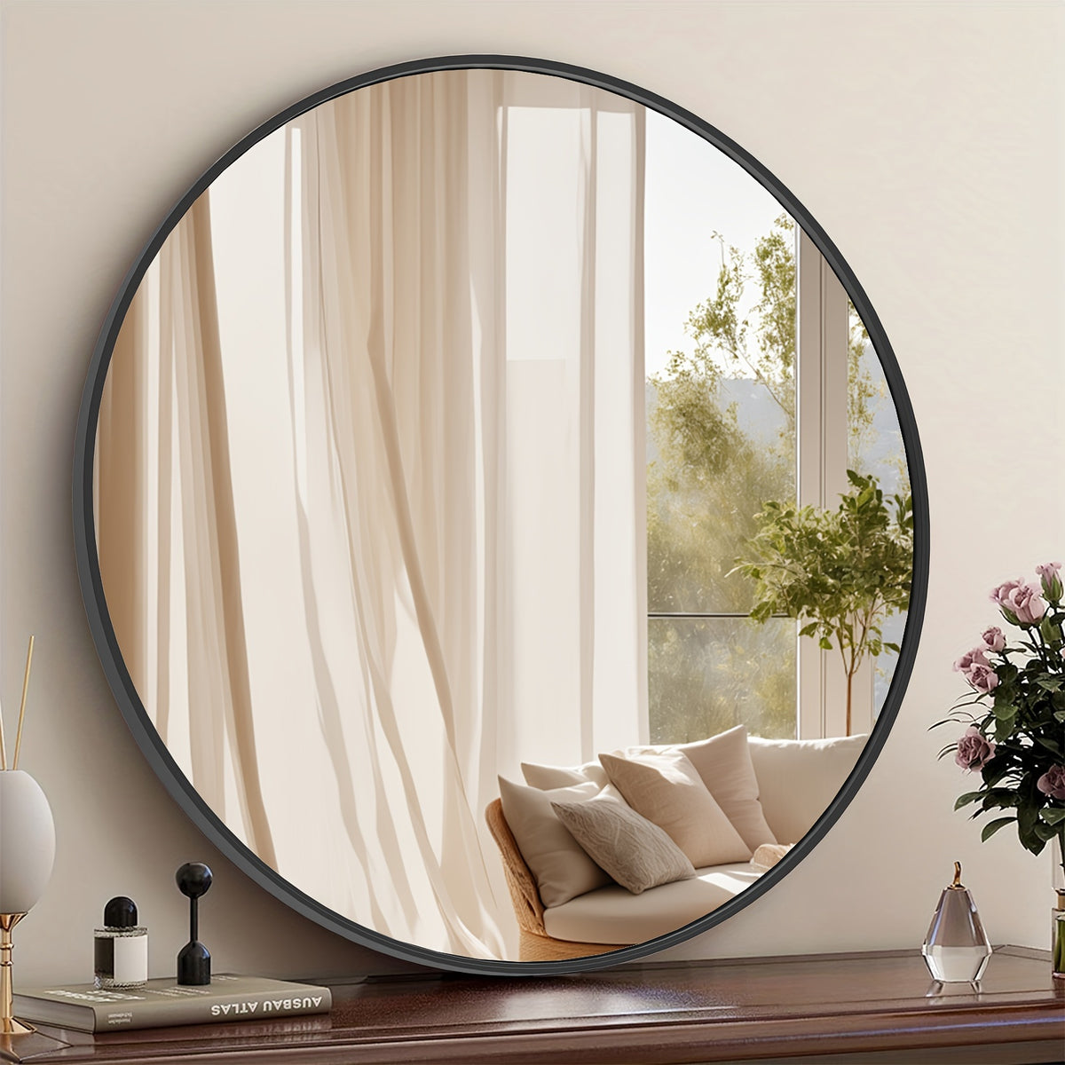 Round Metal Wall Mirror Matte Black & Gold Frame Modern Decorative Circle Mirror for Entryway Bathroom Living Room Bedroom Vanity Wall Decor Multiple Sizes