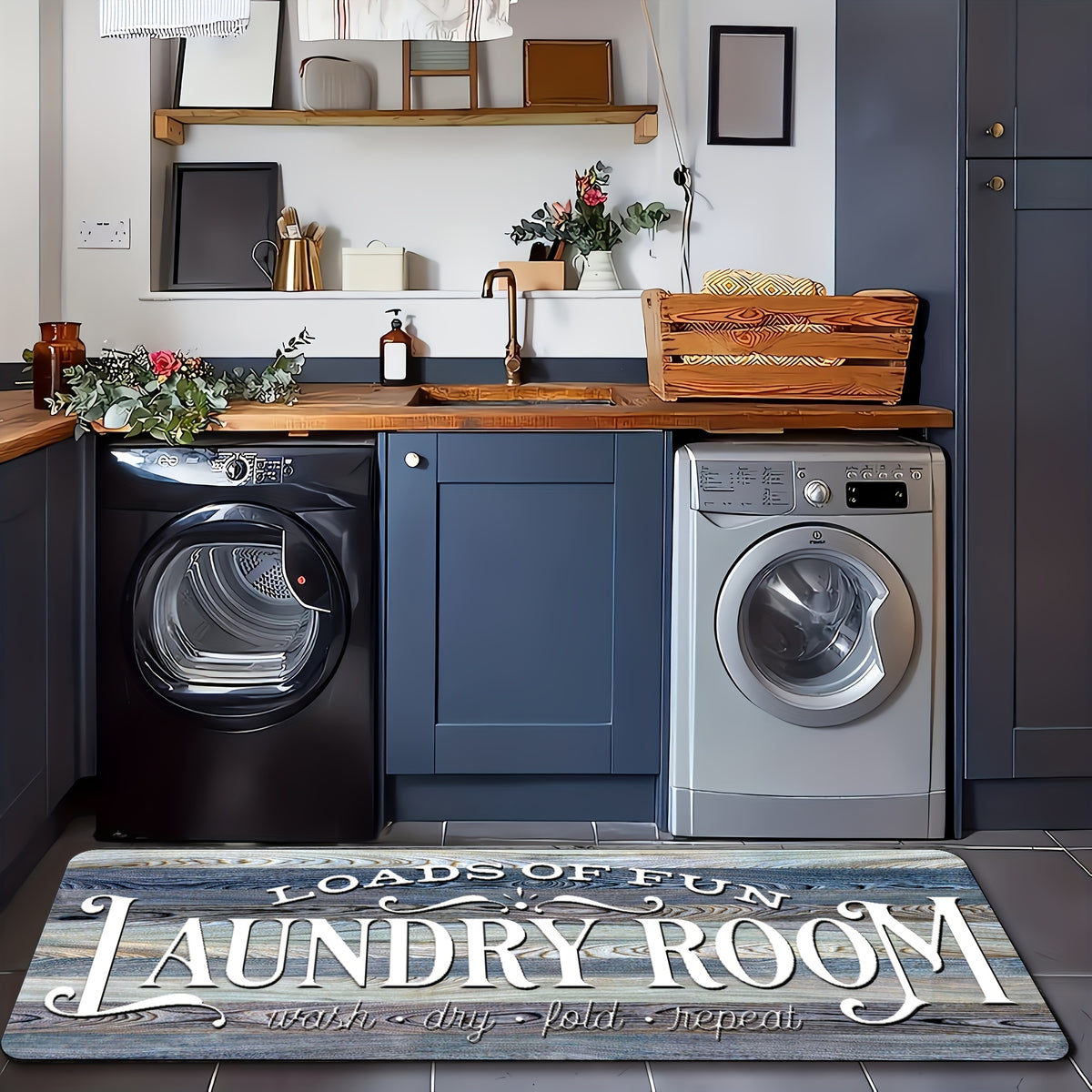 Laundry Room Runner Rug Non-Slip Washable Farmhouse Retro Floor Mat for Kitchen Bathroom Hallway Multiple Sizes and Colors Blue Brown Red Home Decor Accent Rug