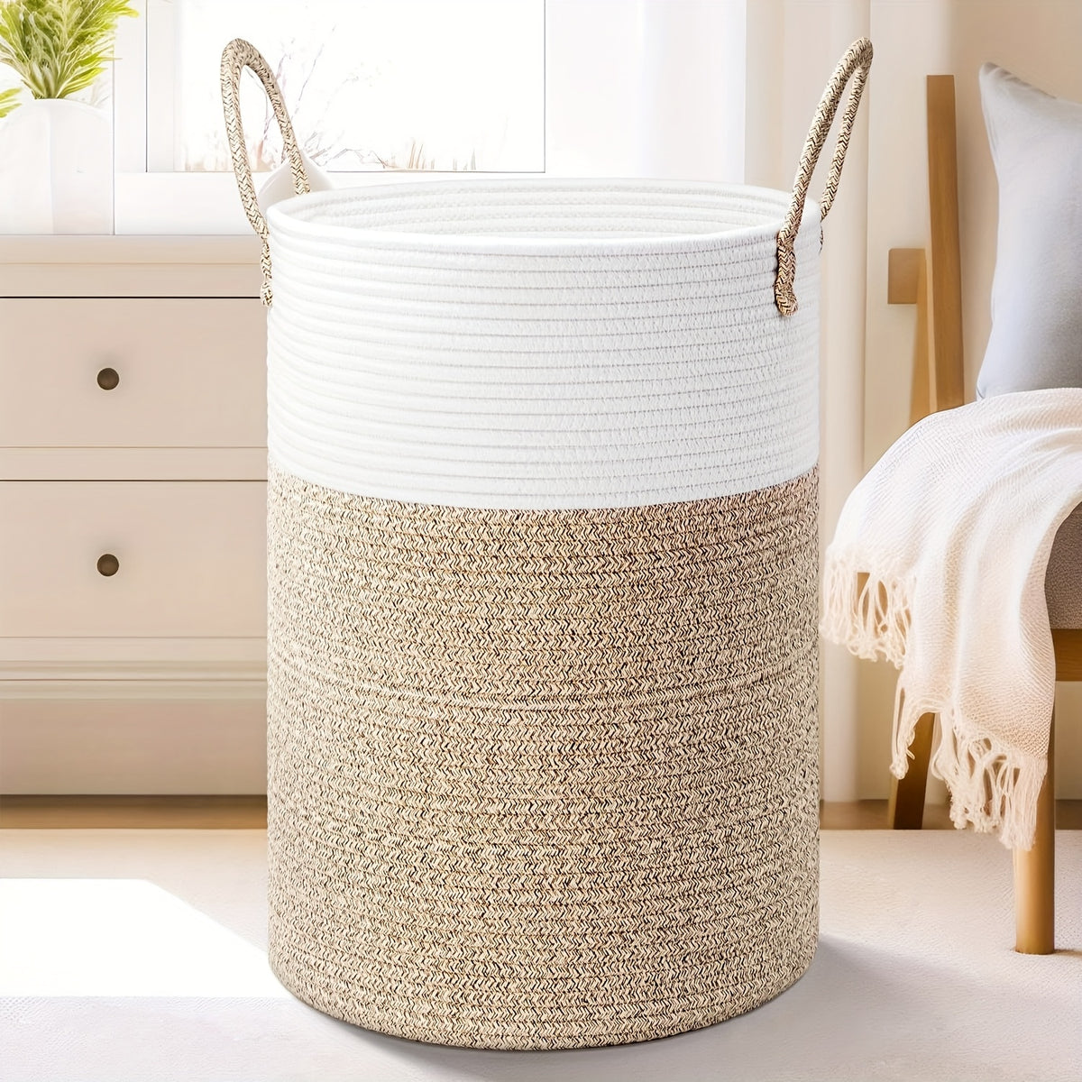 Collapsible Woven Rope Laundry Basket & Hamper - 4 Sizes (12-26 Gal), Cotton Rope Storage Basket for Dirty Clothes, Blankets & Toys, Boho Bathroom Nursery & Living Room Decor