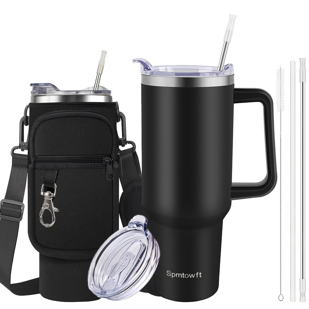 40oz Insulated Tumbler with Handle, Straw & Carrier Bag – Stainless Steel Double Wall, Cold 34 Hours, Travel Mug for Gym, Hiking, Office & Outdoor