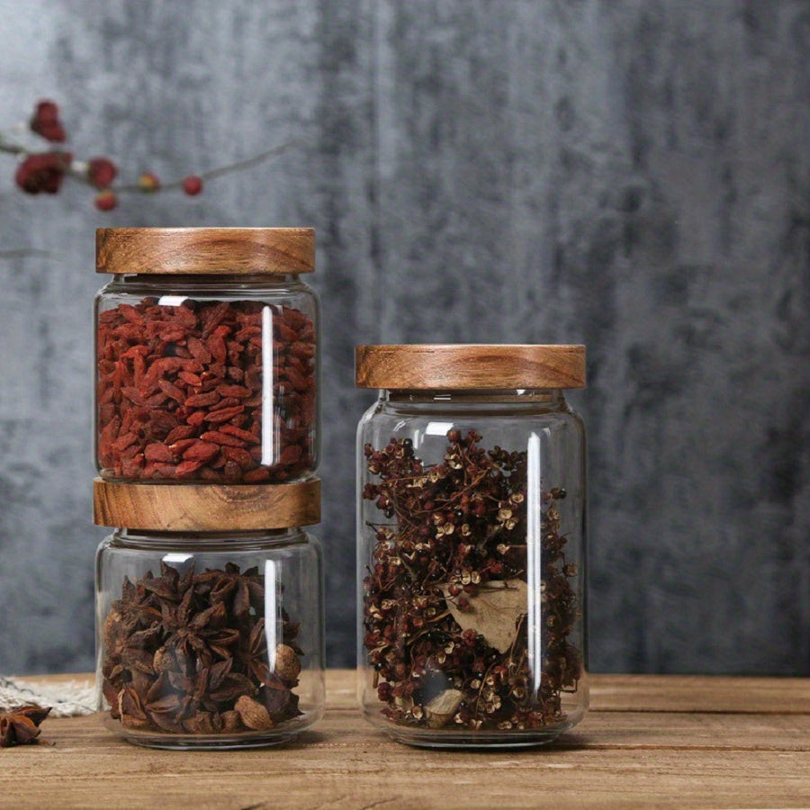 Glass Food Storage Jars with Wooden Lids 4-Piece Set – Airtight Transparent Kitchen Canister Set for Coffee Beans, Spices, Snacks & Dry Goods | 16/25/34/53 oz