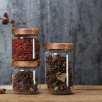 Glass Food Storage Jars with Wooden Lids 4-Piece Set – Airtight Transparent Kitchen Canister Set for Coffee Beans, Spices, Snacks & Dry Goods | 16/25/34/53 oz