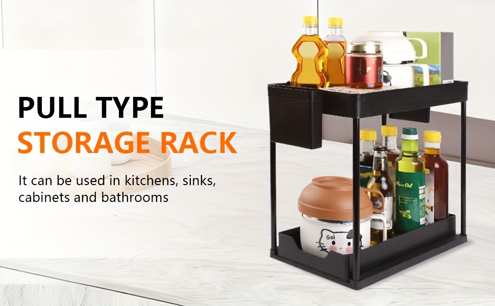Bathroom Shelves Set of 2 – Punch-Free Retractable 2-Tier Storage Rack with Hooks & Hanging Cups for Bathroom, Kitchen & Laundry