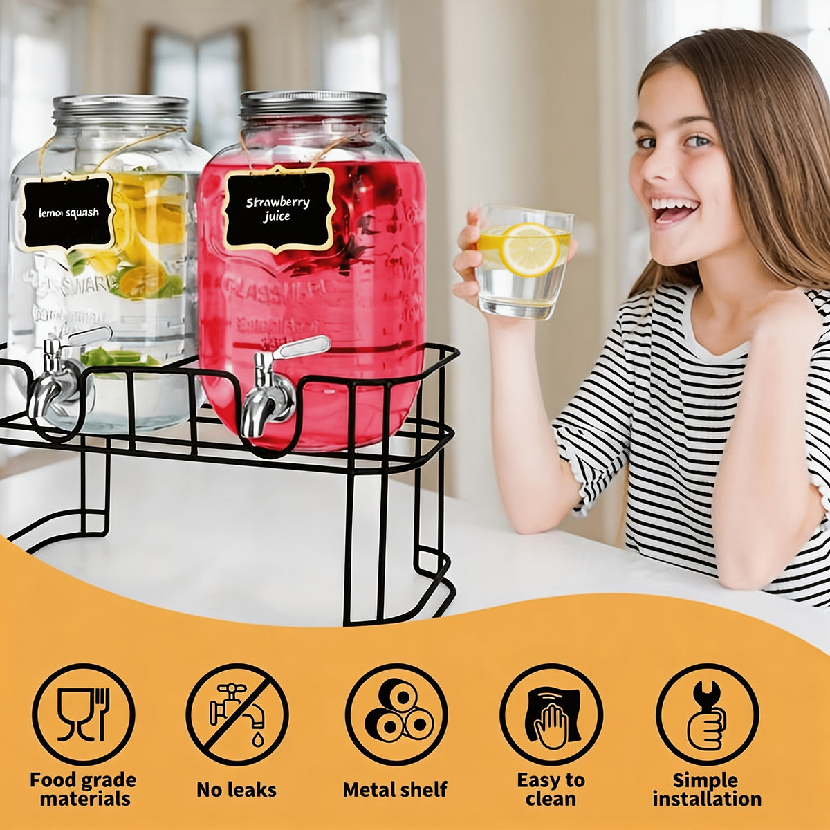 2-Pack 1-Gallon Glass Beverage Dispenser with Stand Stainless Steel Spigot and Ice Tube Leak-Proof Lemonade Water Drink Dispenser for Parties Camping Kitchen