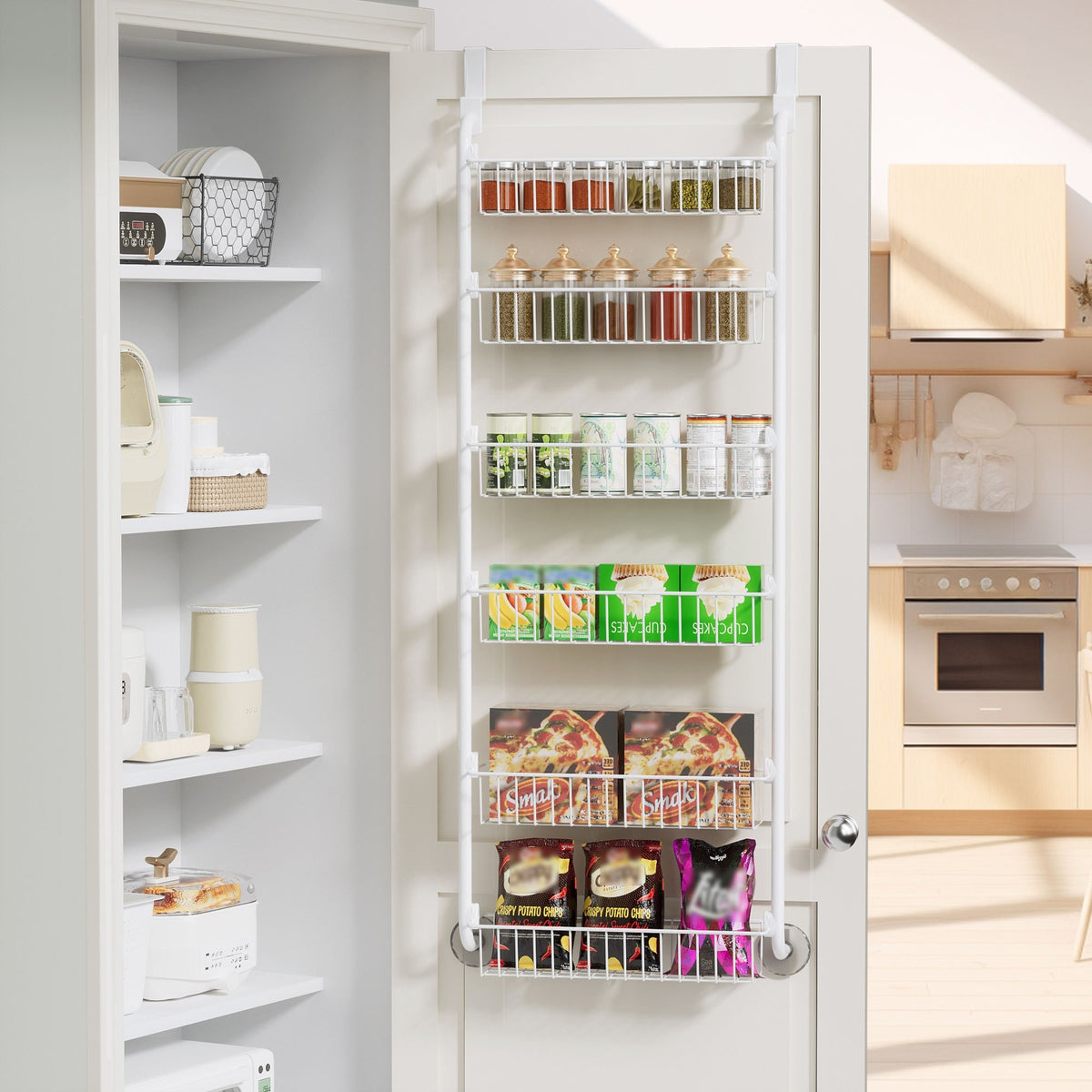 Over The Door Pantry Organizer Heavy Duty Metal – 6 or 8 Tier Door Mounted Storage Rack for Kitchen, Pantry & Spice Management, Holds 80 LBS