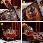 Vintage Glass Teapot with Removable Infuser 50oz 1500ml Stovetop Safe Borosilicate Tea Kettle for Blooming Loose Leaf Herbal Tea Sunflower Relief Design