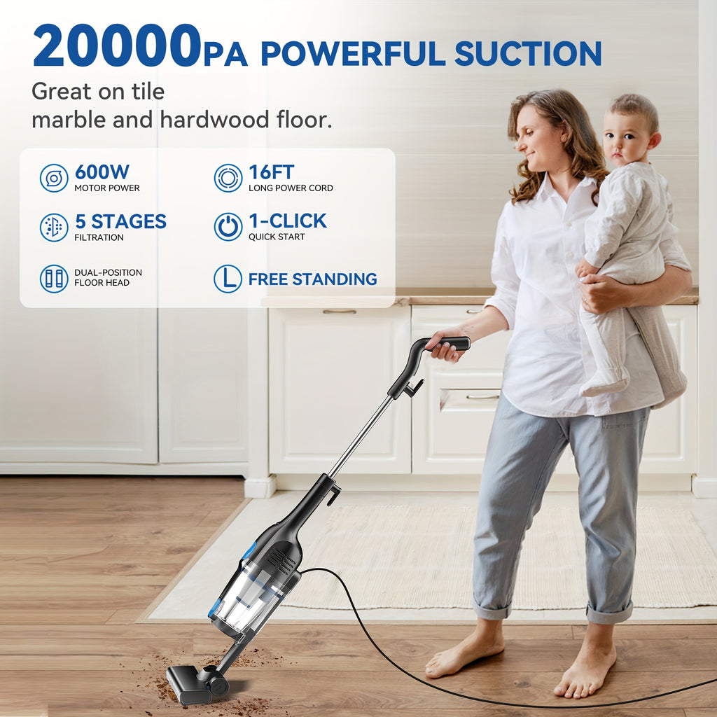 Corded Vacuum Cleaner Lightweight with Powerful Suction – 1L Dust Cup, 6-Stage Filtration, 90° Tilt, Self-Standing Design for Floors Stairs Carpet Hardwood Tile Pet Hair