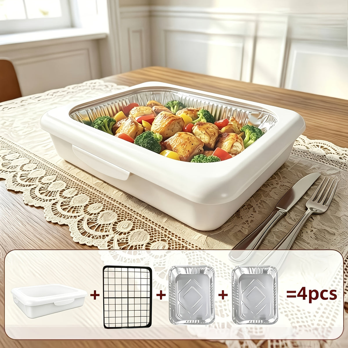 Reusable Food Storage Tray Set 4PCS 2-in-1 Plastic Serving Tray with Foil Trays – Holiday Party Containers for Christmas, Thanksgiving, BBQ & Outdoor Gatherings, White, Red & Black
