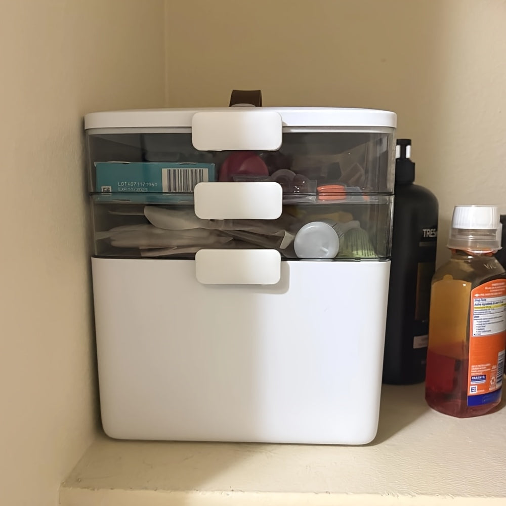 Medicine Organizer Cabinet 3 Tier Portable First Aid Box with Leather Handle BPA Free Airtight Moisture Resistant Medicine Storage for Home Office Bathroom Desktop