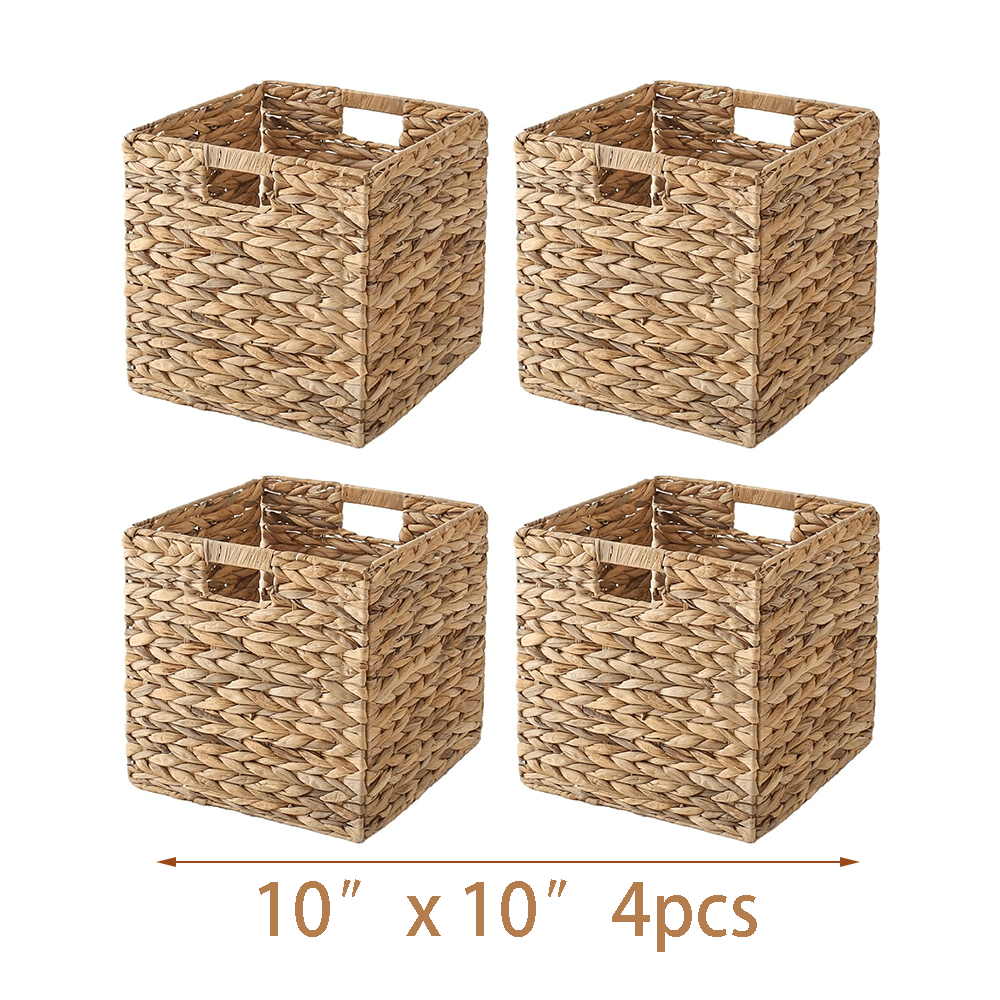Water Hyacinth Wicker Storage Basket Set 2 or 4 Pack Square Woven Rattan Baskets for Shelves Towels Magazines Kitchen Organization Natural Boho Shelf Bin