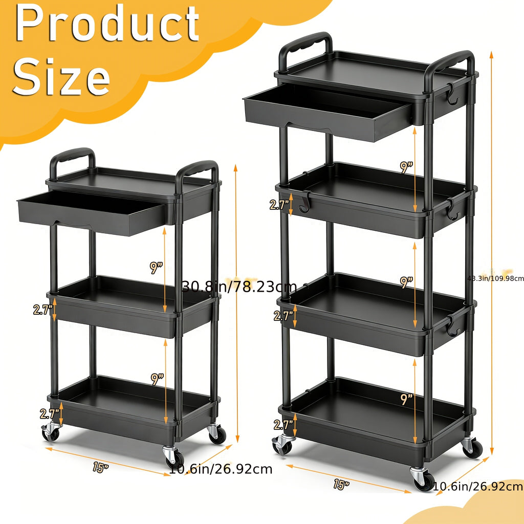 3/4-Tier Rolling Storage Cart with Drawers – Plastic Organizer with Lockable Wheels, Cup Holder & Hooks | Kitchen, Bathroom, Bedroom & Laundry Room