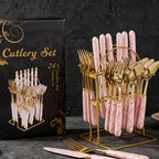 24-Piece Marble Pattern Stainless Steel Flatware Set Western Steak Knife Fork Spoon with Gift Box and Storage Rack