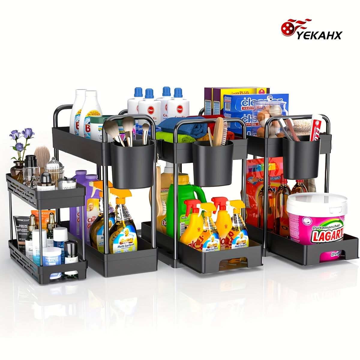 Under Sink Organizer 4-Piece Adjustable Multi-Layer Storage Rack – Metal & Plastic Cabinet Shelf with Hanging Cups & Hooks for Kitchen Bathroom Spice Rack Space-Saving