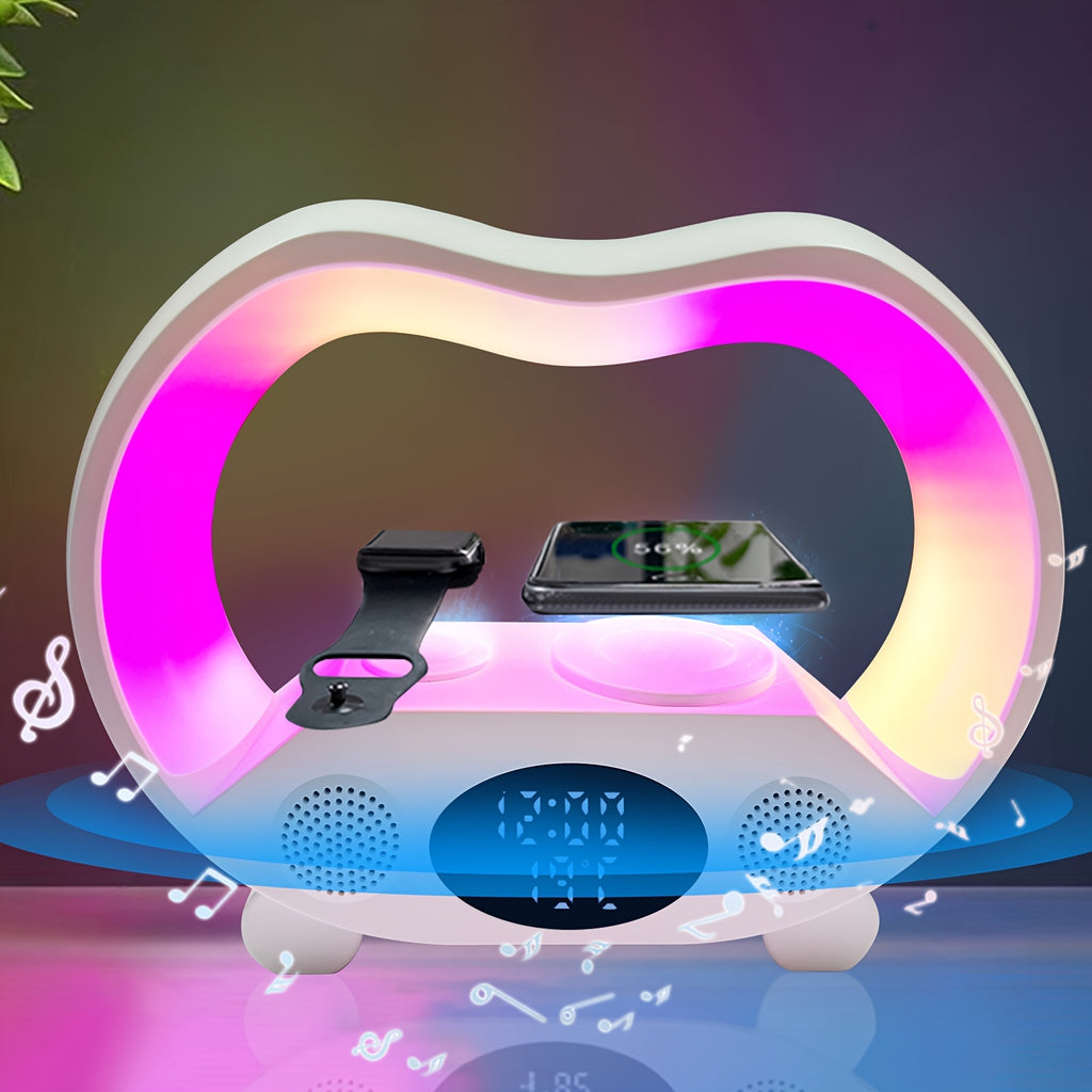 RGB Night Light 6 in 1 Wireless Speaker Alarm Clock Wireless Charging Phone Watch Temperature Display Bedroom Teen Gift Halloween Christmas Decor Black White