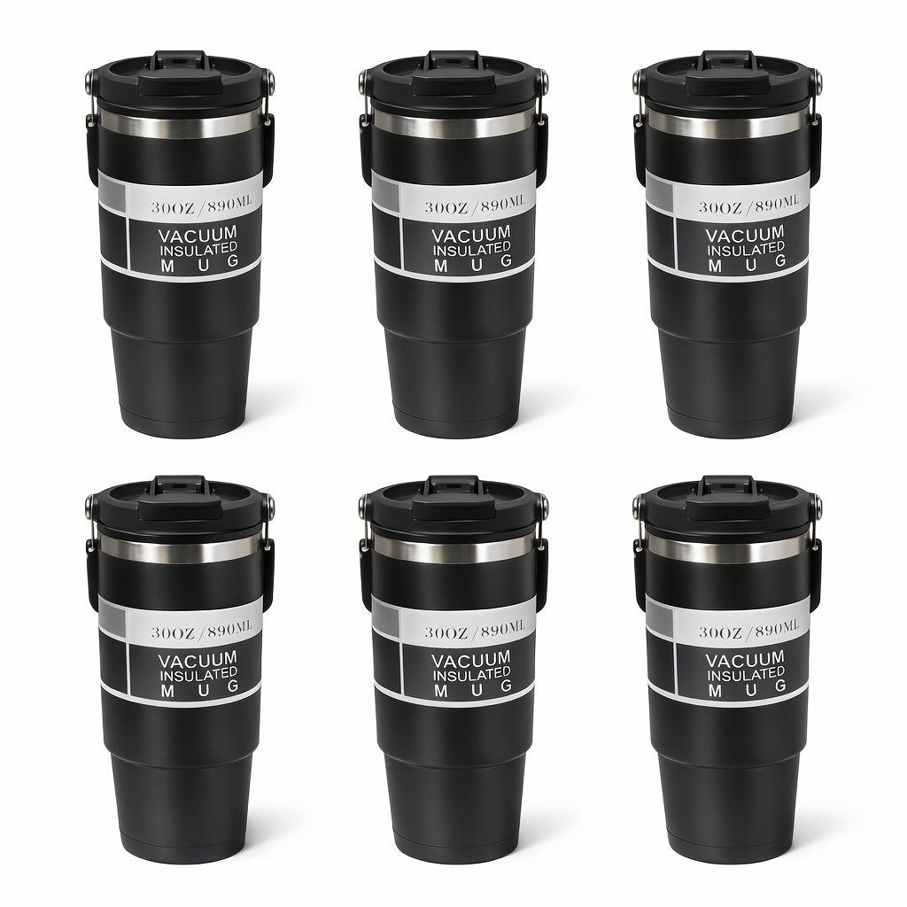 30oz Stainless Steel Insulated Tumbler 6-Pack with Handle, Lid & Straw – Double Wall Vacuum Travel Cups, Colorful Gift Set for Coffee, Cold Drinks & Daily Use | Black, Red, White & More